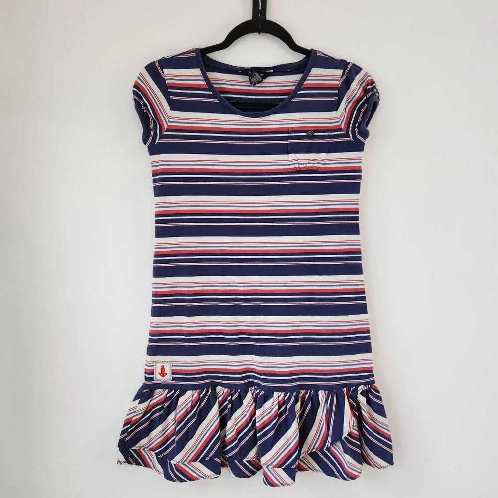 Ralph Lauren Girls Summer Dress Red Blue Striped Drop Waist Casual Size L 12/14